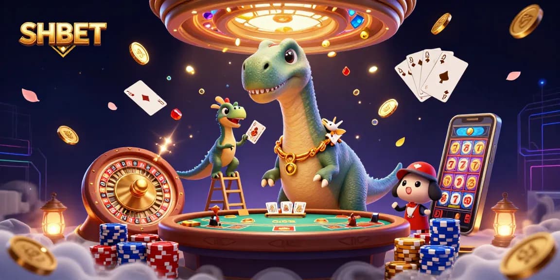 Engage with SHBET's exciting baccarat scene featuring playful characters and dynamic casino elements.