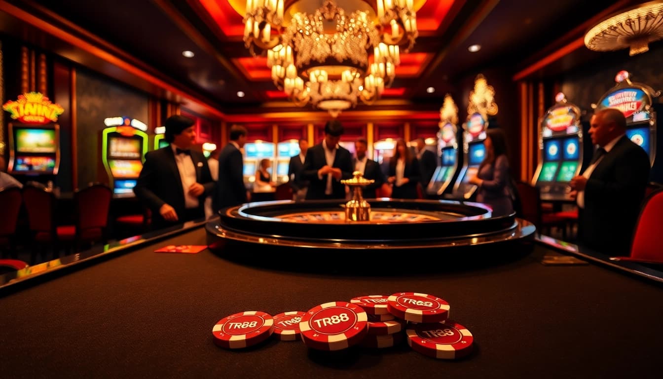 Experience the excitement of gambling with TR88-themed poker chips at a luxurious casino table.