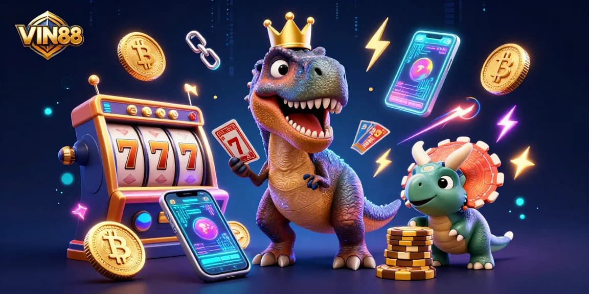 Engage with VIN88's exciting slots as T-Rex and friends shuffle cards and stack winnings.
