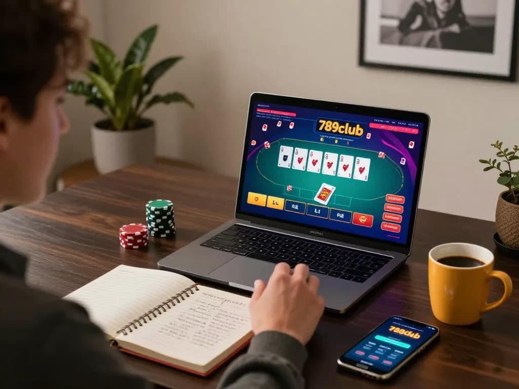 Engaging gaming setup featuring 789club poker interface, notes, and strategy analysis.