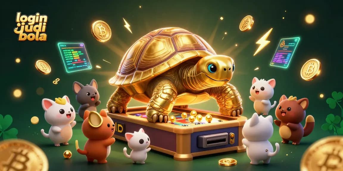 Engage in thrilling betting at login judi bola with an exciting digital arcade featuring golden tortoise and vibrant crypto coins.