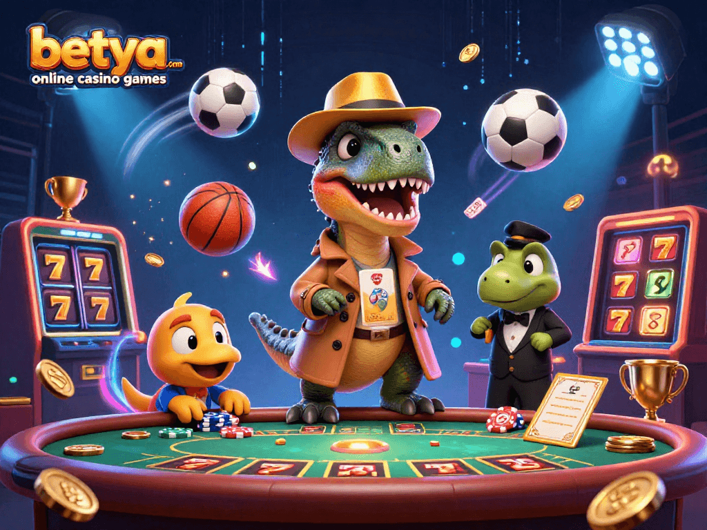Immerse yourself in betya.com online casino games with a vibrant 3D scene featuring a velociraptor at blackjack.