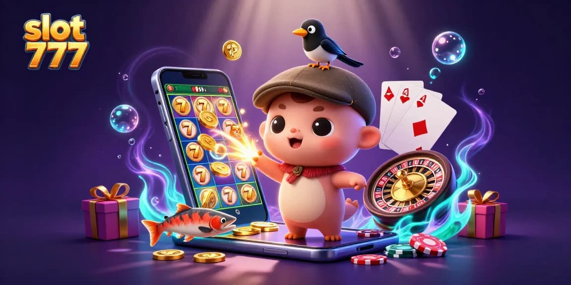 Engage with slot 777 games featuring neon jackpot reels and whimsical characters in a vibrant scene.