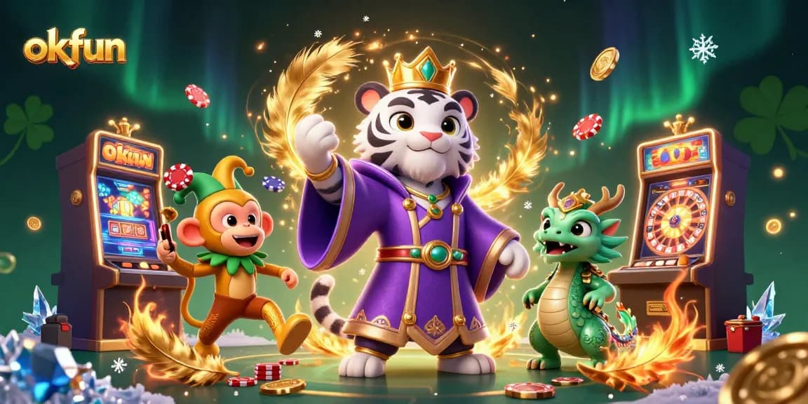 Engage with okfun's thrilling casino adventure featuring an elegant tiger and playful monkey amidst lively slot games.