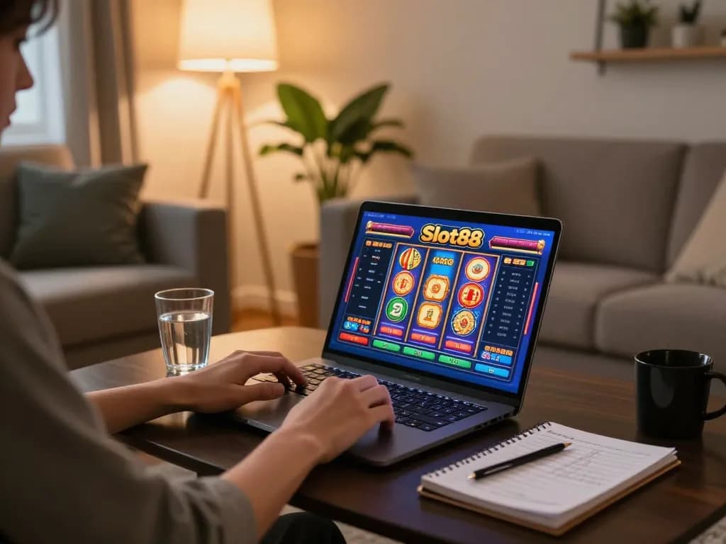 Player enjoying Slot88 on a laptop in a cozy home setup, combining strategy notes and gaming.