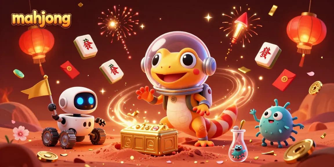 Engage with mahjong tiles while exploring a vibrant casino discovered by a Martian gecko.