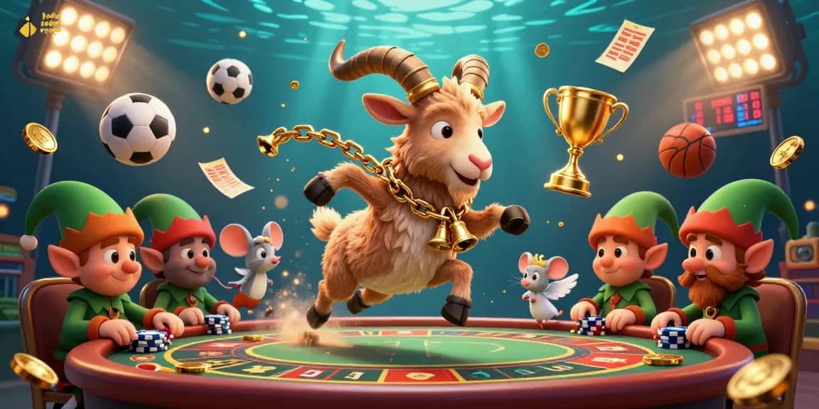 Engage in judi bola resmi with a lively scene showcasing a festive sports-betting casino, dynamic characters, and vibrant game elements.