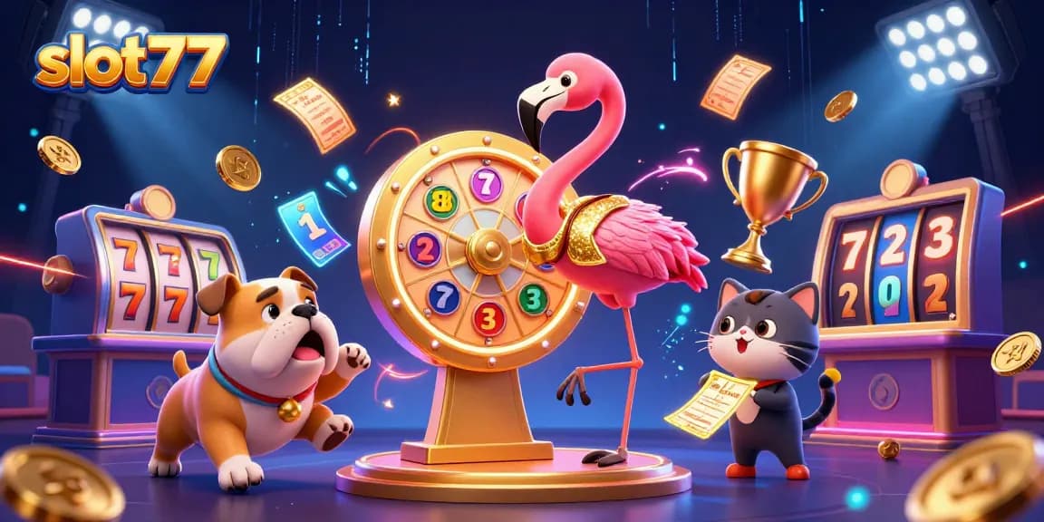Engage in thrilling slot777 action with giant prize wheels and dynamic elements in this exciting illustration.