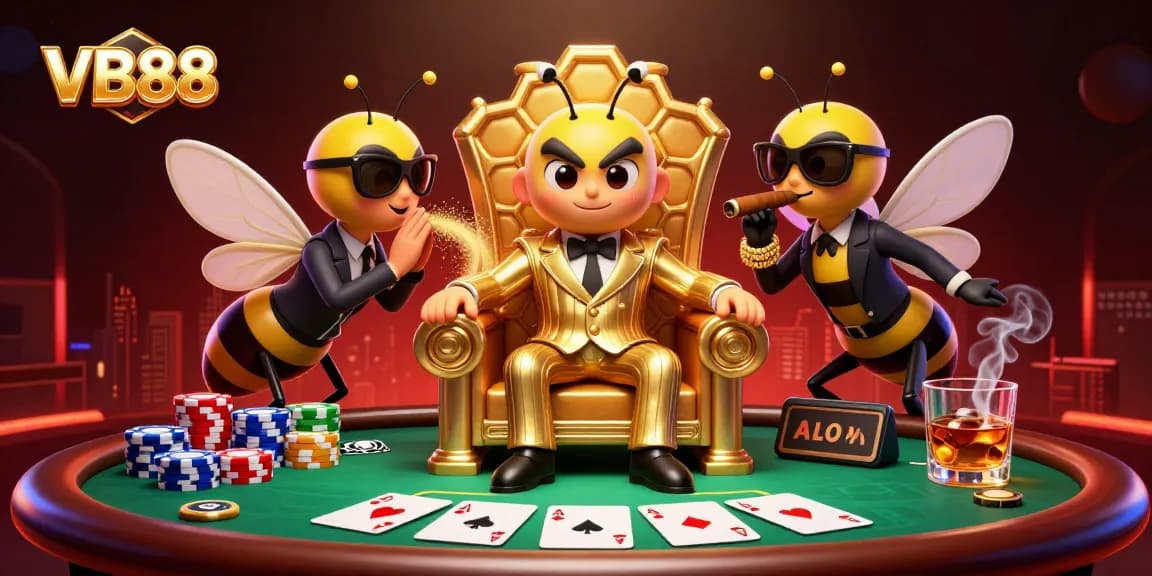 VB88 showcases a dynamic poker scene with a bumblebee mob boss, embodying casino excitement.