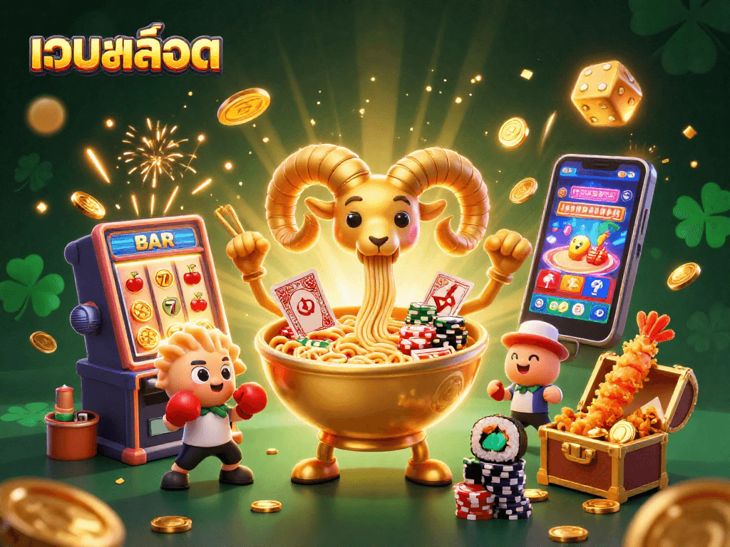 Experience เว็บสล็อต excitement with vibrant characters and dynamic casino elements in a fun illustration.