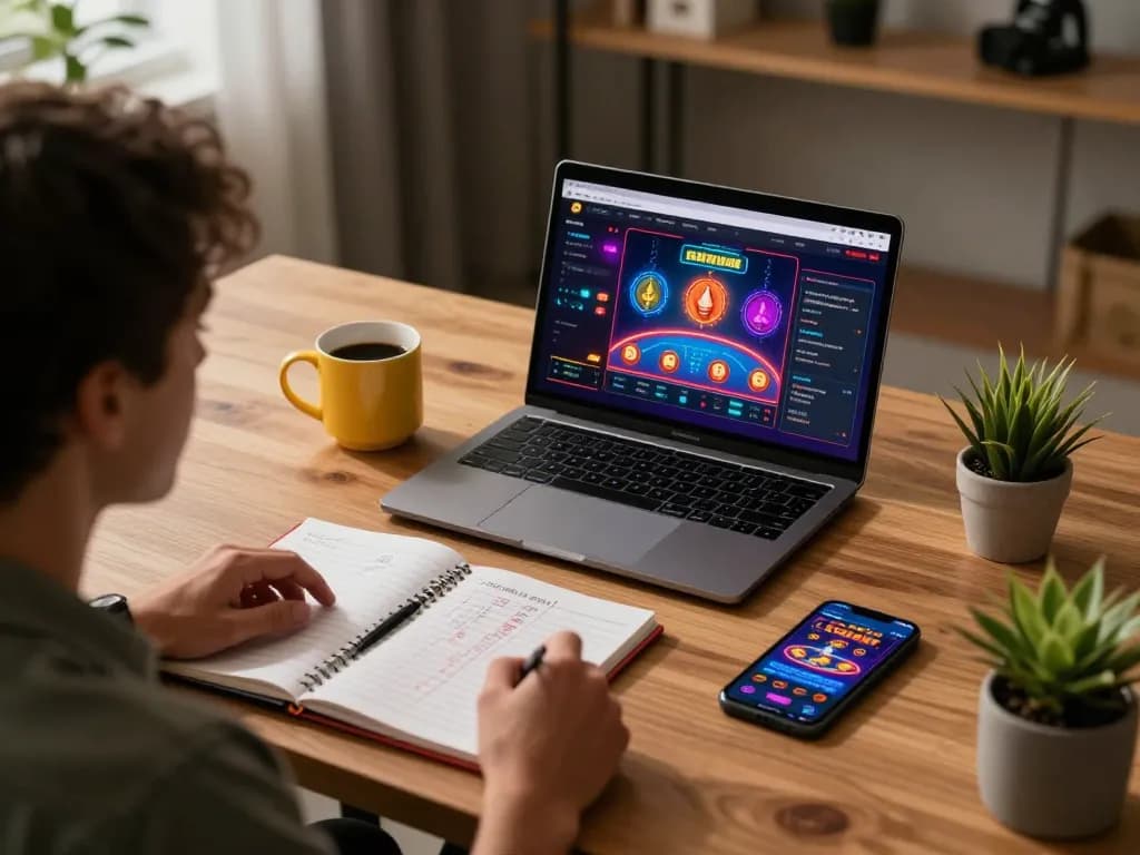 Player engaging with casinos not on gamstop via laptop, showcasing strategy in a cozy home setting.