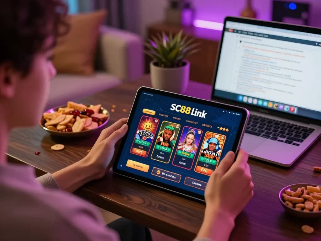 Engage with SC88 Link on a tablet in a cozy home gaming setup with snacks and strategic notes.