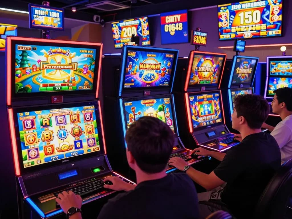 Pemain menikmati permainan slot online situs gacor dengan grafik berwarna-warni dan suasana yang ramai.