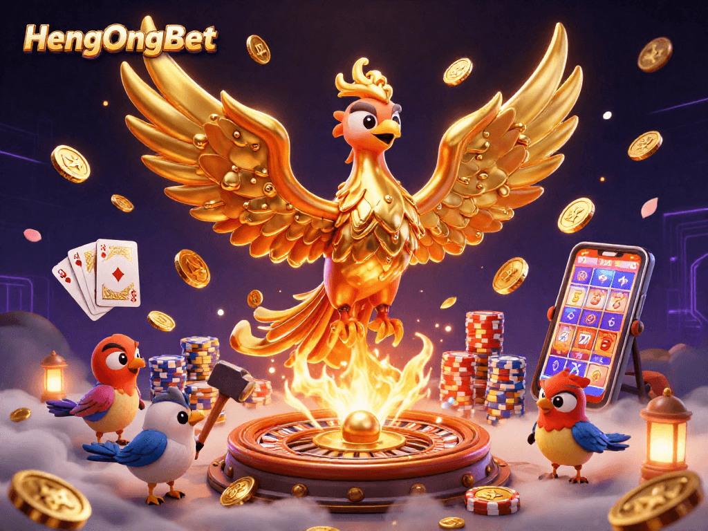 HengOngBet showcases a stunning golden phoenix and vibrant casino elements in this dynamic illustration.