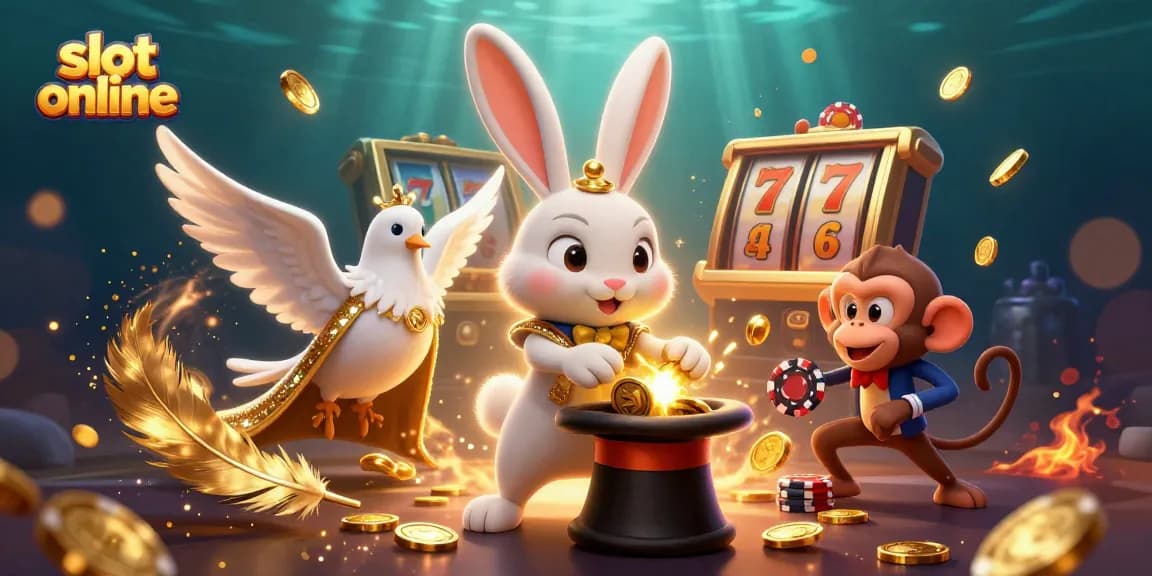 Mainkan slot online dengan gaya penuh keberuntungan, ditampilkan dengan karakter kartun dan elemen kasino.