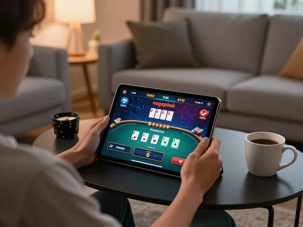 Engaged player using a tablet for nagapoker, illustrating exciting online poker gameplay at home.
