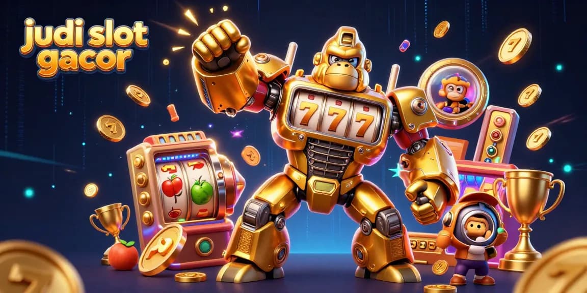 Menang besar dalam judi slot gacor dengan karakter gorila transformer dan elemen perayaan jackpot.