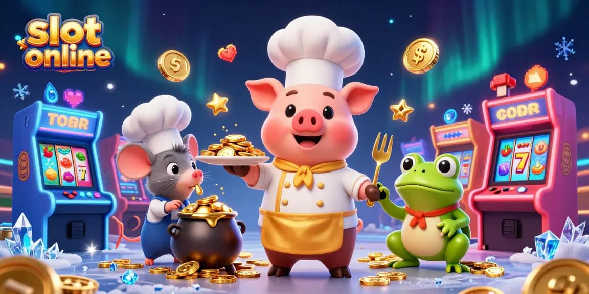 Putar dan menang dengan slot online yang ditampilkan dalam ilustrasi 3D yang hidup dengan karakter yang ceria dan elemen permainan yang imersif.