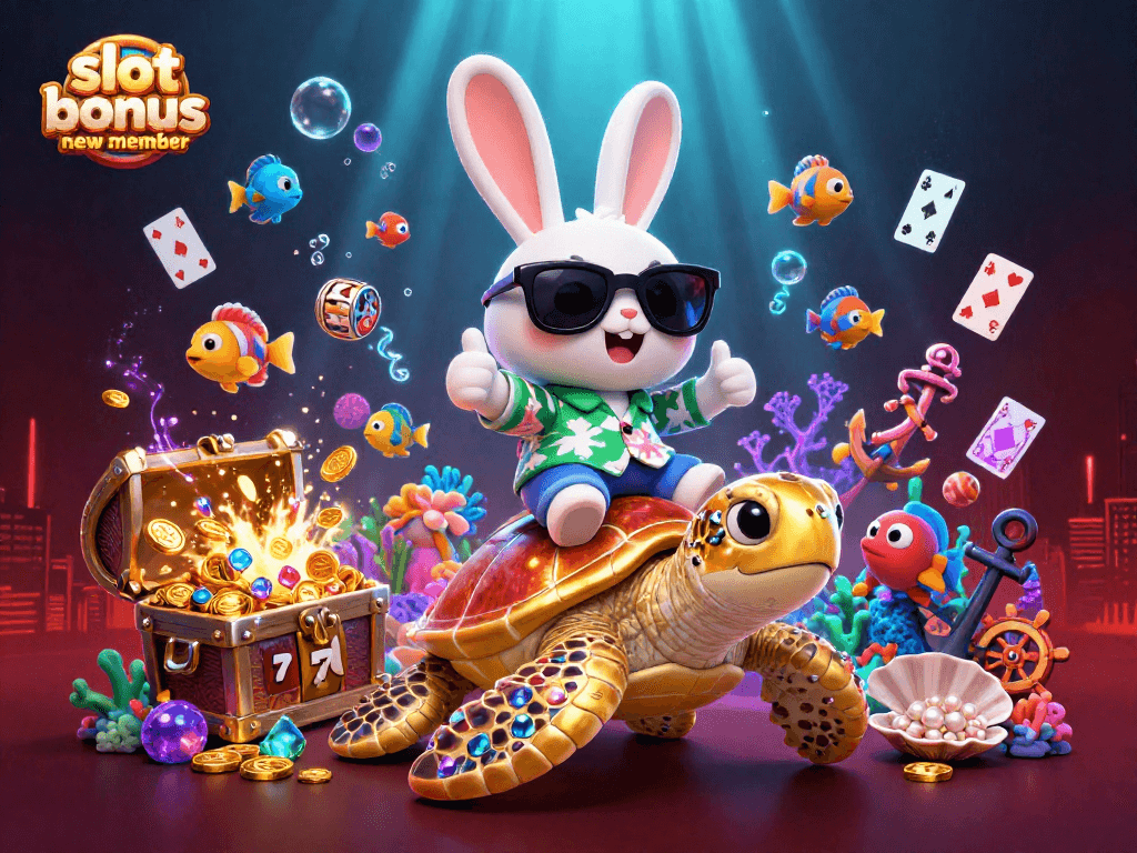 Engage with adorable 3D cartoon lucky rabbit and giant sea turtle showcasing a slot bonus new member.