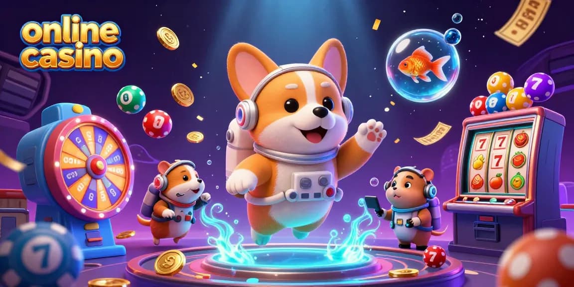 Engage with this lively online casino scene featuring floating characters and dynamic gambling elements in a 3D space setting.
