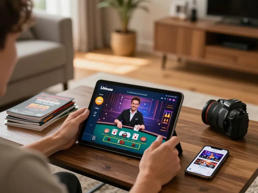 Player engaged in live dealer blackjack gameplay on 98wincom, showcasing strategic decision-making in a cozy home environment.