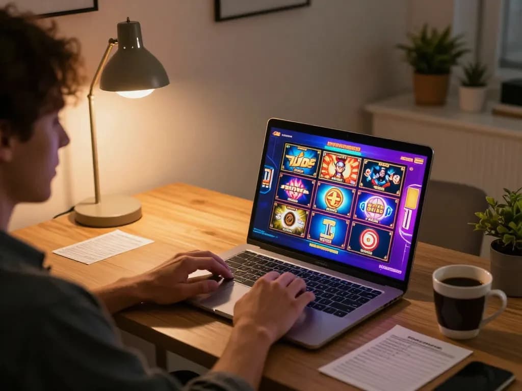 Person playing situs slot gacor on laptop with vibrant graphics and focused atmosphere