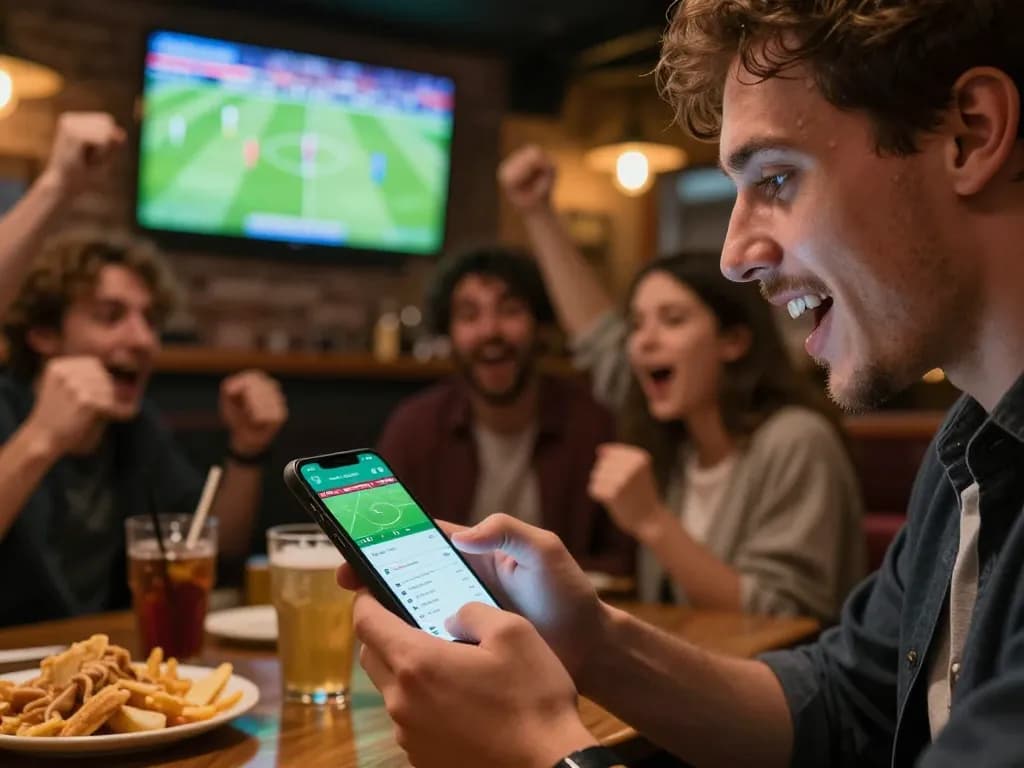 Betting on live sports with luongsontv60 app during an exciting match in a vibrant sports bar.