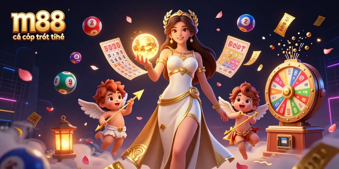 Minh họa M88 cá cược trực tuyến thể hiện một người phụ nữ huyền bí với quả cầu phát sáng, các yếu tố xổ số vàng và thiên thần Cupid cho trò chơi hấp dẫn.