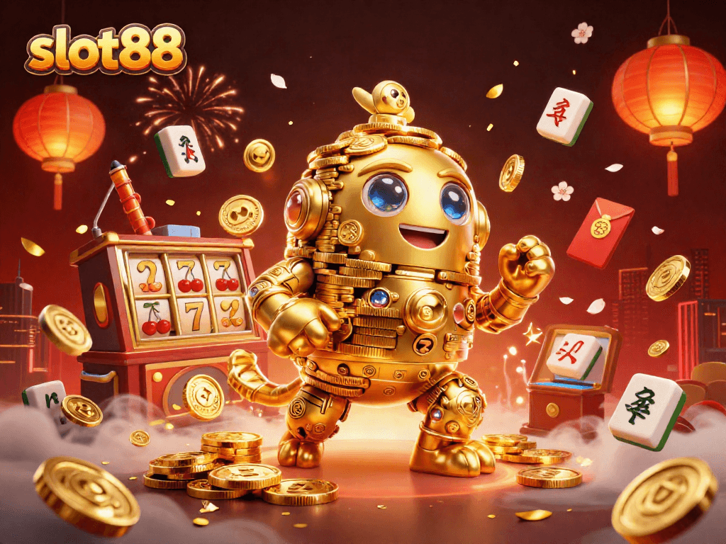 Spin to win at slot88 with a lively ancient golden golem surrounded by festive casino imagery.