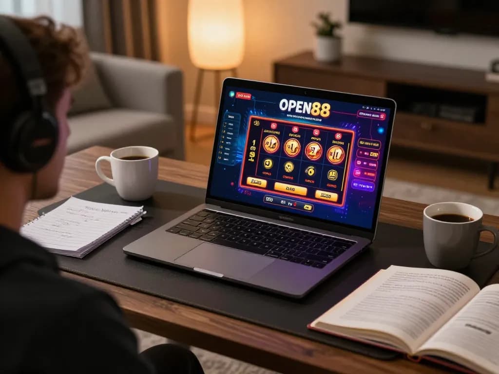 Engaging online gaming at Open 88, showcasing vibrant slots and blackjack action on modern laptop