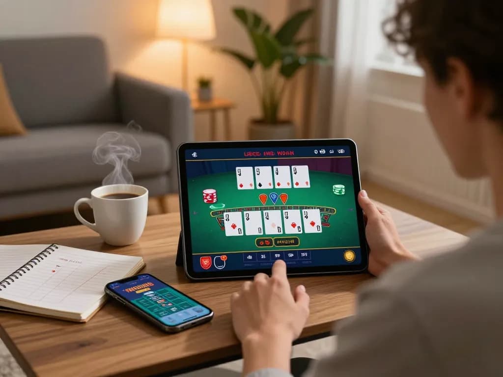 Engaging in hubet online gameplay on a tablet in a cozy living room setting, showcasing a live dealer blackjack game.