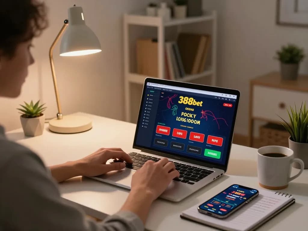 Engaged player using 388bet online casino app on a laptop, focusing on strategy at home
