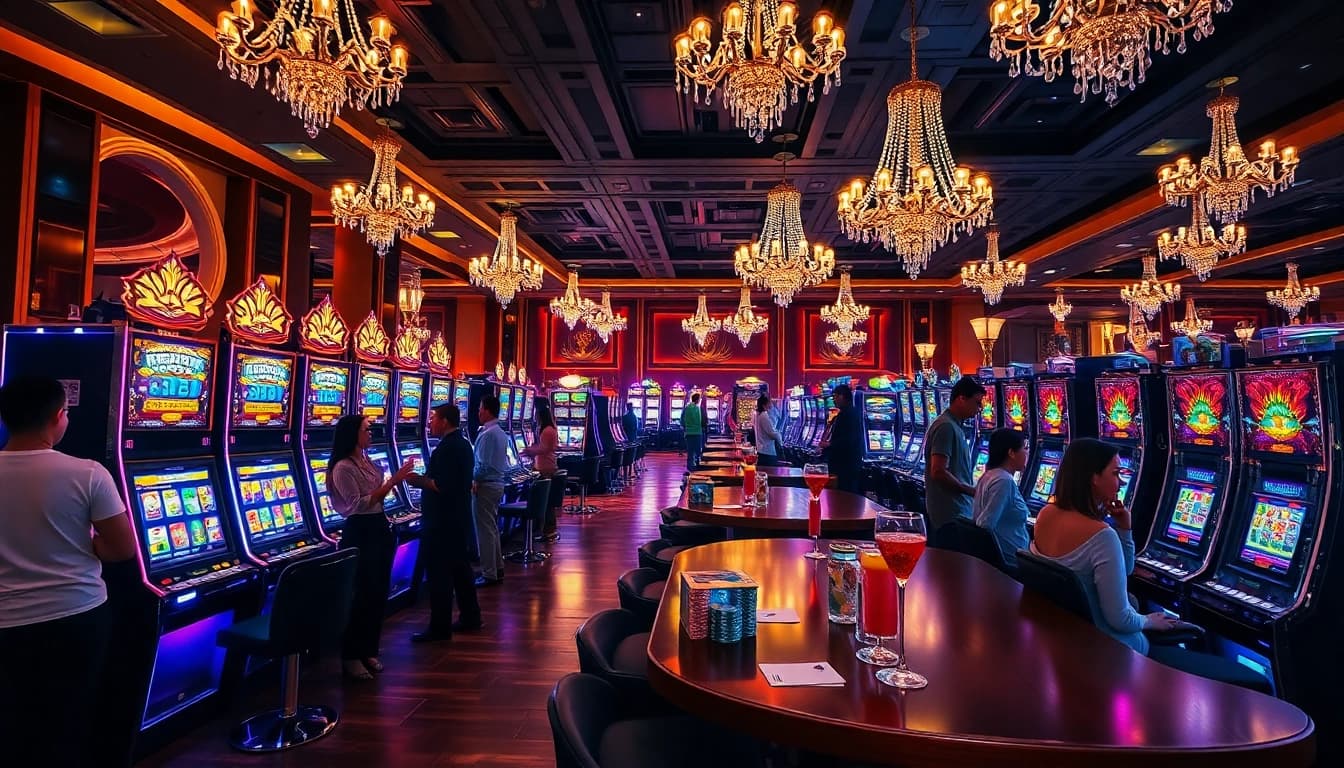 Excited players interacting with colorful slot machines in a vibrant casino atmosphere.