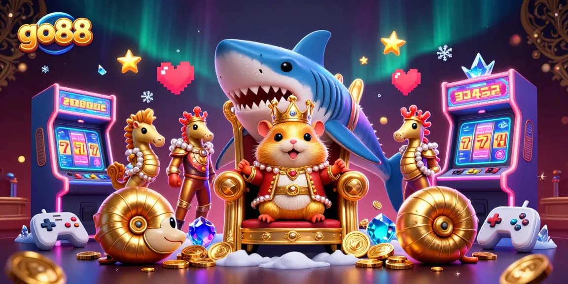 Engage with go88's vibrant gaming universe; see the golden hamster king ruling over dynamic casino elements.