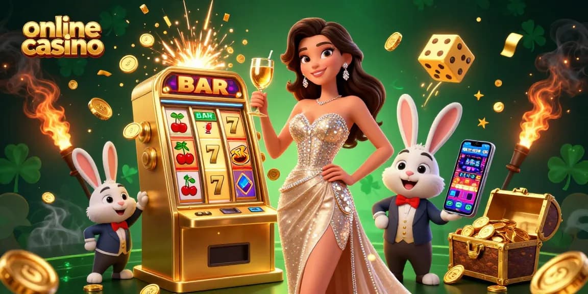 Experience the excitement of an online casino with a stunning woman celebrating beside a jackpot slot machine.