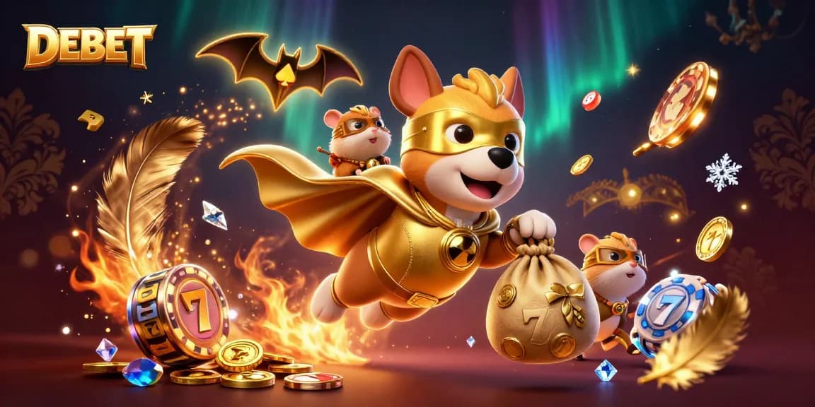 Win with DEBET by placing bets amidst animated casino elements and vibrant characters