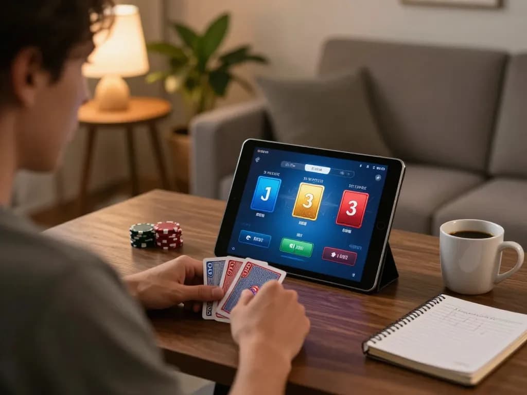 Player enjoying online poker on cm88 com app with strategy notes in a cozy setting