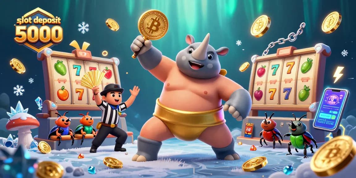 Experience the excitement of slot deposit 5000 with a dynamic 3D illustration featuring a Sumo beetle champion and vibrant gaming elements.