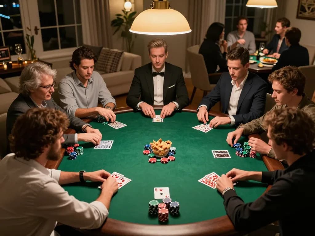 Engaged players at a home poker night strategy session featuring nhà cái Net88 chips and cards.