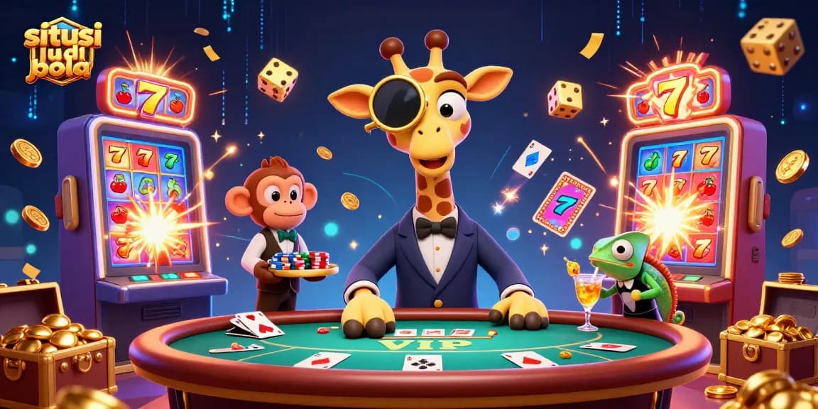 Experience thrilling excitement at situs judi bola with a vibrant 3D illustration of a high-roller giraffe at the poker table.