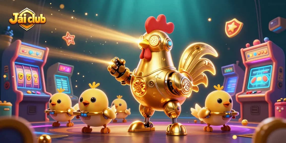 Experience thrilling gameplay at Jai club with a 3D golden rooster robot and slot machines.