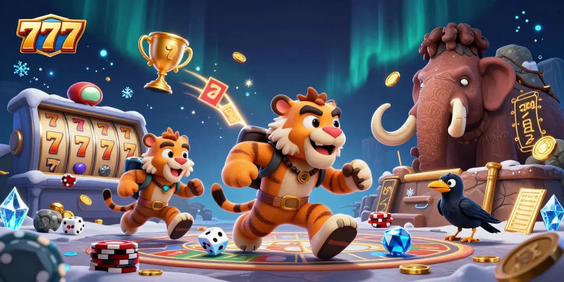 Play exciting slot games at 777 with cartoon characters in a vibrant casino scene.