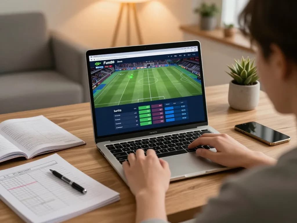 Engaging with Fun88's betting platform on a laptop, showcasing live game strategies.