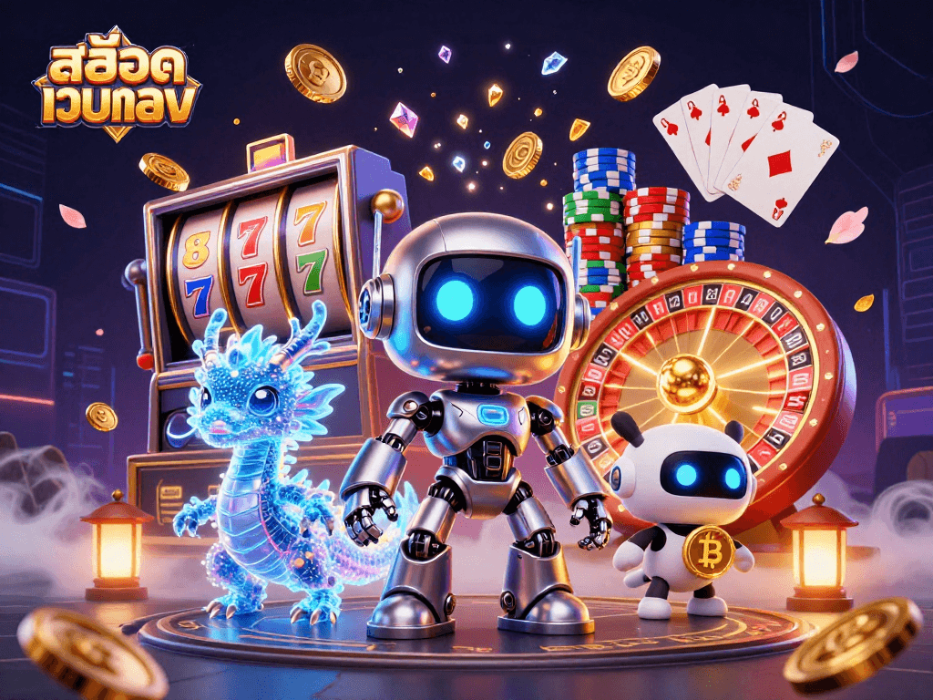 Engage with สล็อตเว็บตรง and win big with this vibrant 3D robotic casino scene!