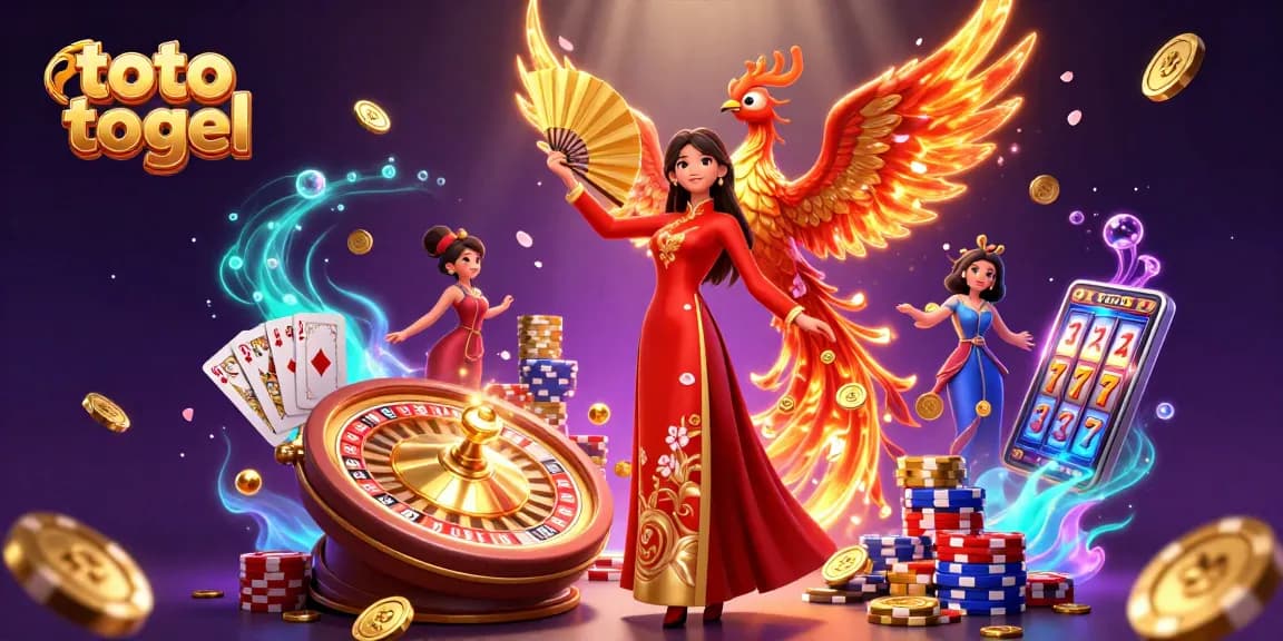 Menang besar dengan toto togel dalam adegan perjudian 3D yang penuh warna yang menggambarkan keberuntungan dan kegembiraan.