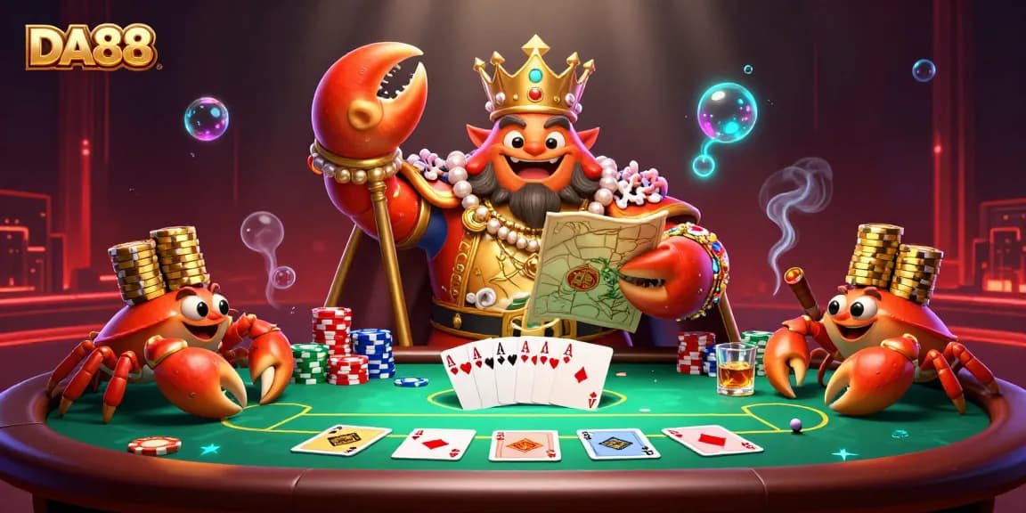 DA88 showcases a massive golden crab emperor at a vibrant poker table with colorful chips and cards.