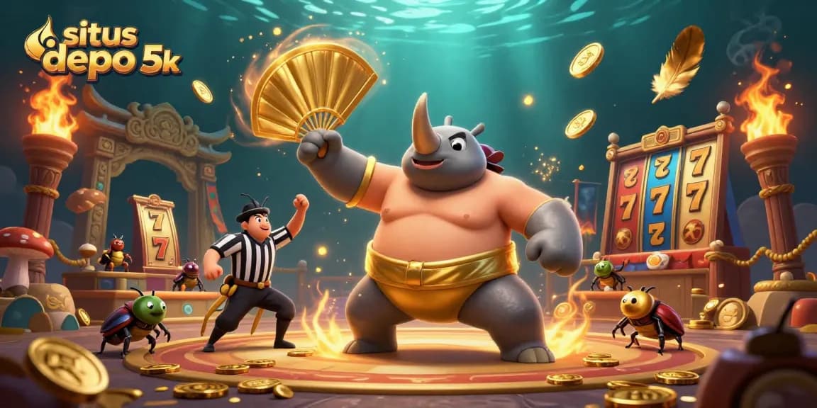 Experience the thrill of situs depo 5k with a dynamic scene of a rhinoceros beetle sumo champion surrounded by slot elements.