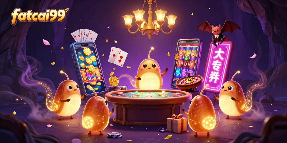 Experience winning excitement with fatcai99, a vibrant 3D casino scene featuring glowing glowworms and gaming elements.