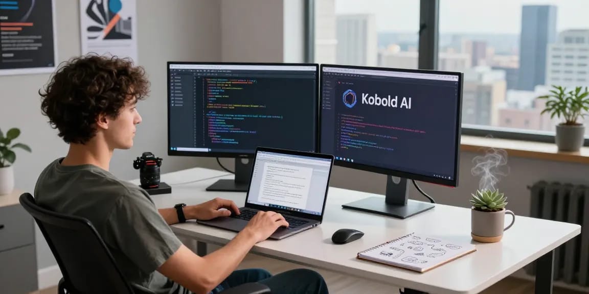 Kobold AI workspace with dual monitors and creative coding setup in a modern tech environment.