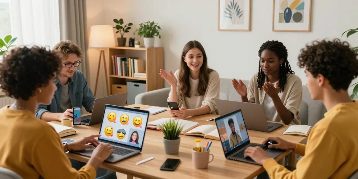 Engaging online chat scene showcasing diverse friends discussing شات تعب قلبي, highlighting emotional connections and vibrant interactions.